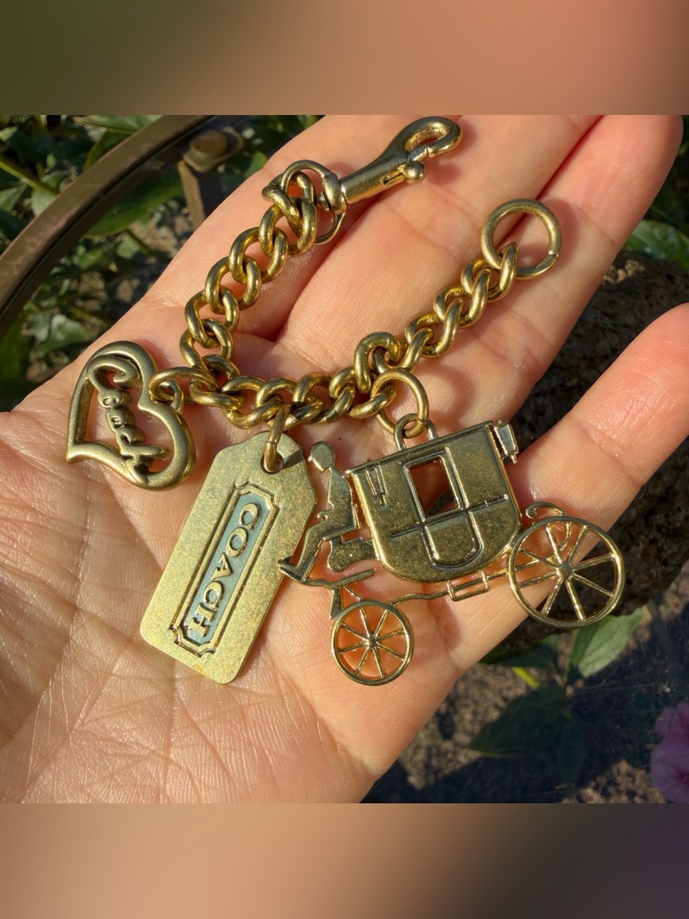 COACH Vintage Gold-Tone Horse & Carriage Multi-Charm Chain Keychain Bag Charm